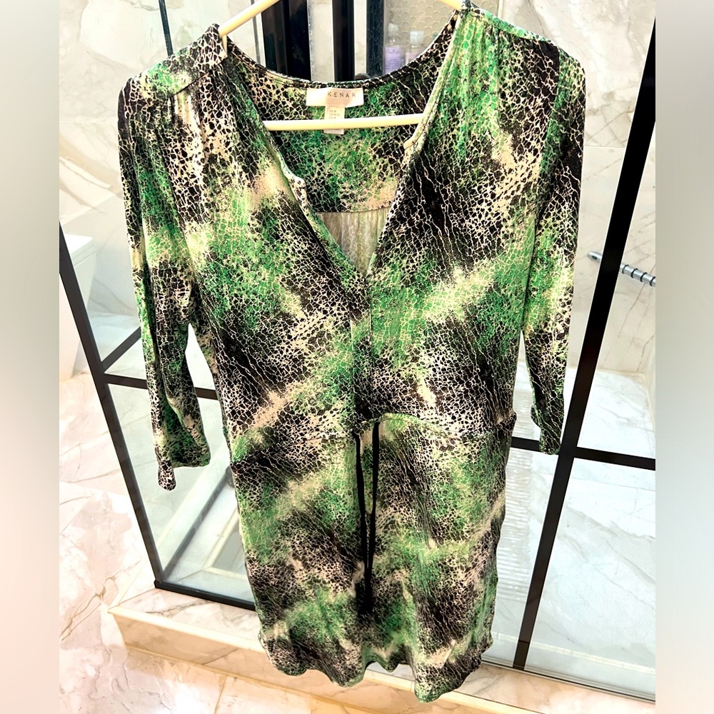 KENAR Snake Print Drawstring Business Casual Dress - Green, Black, White Size M